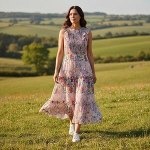 Banjanan Iris Tiered Ruffle Midi Dress in Dawn Chorus Pink Yellow  Size Medium